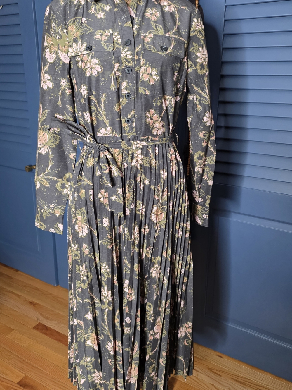 NWT Derek Lam 10 Crosby Kenza Pleated Midi Shirtdress Black Fall Foliage 8